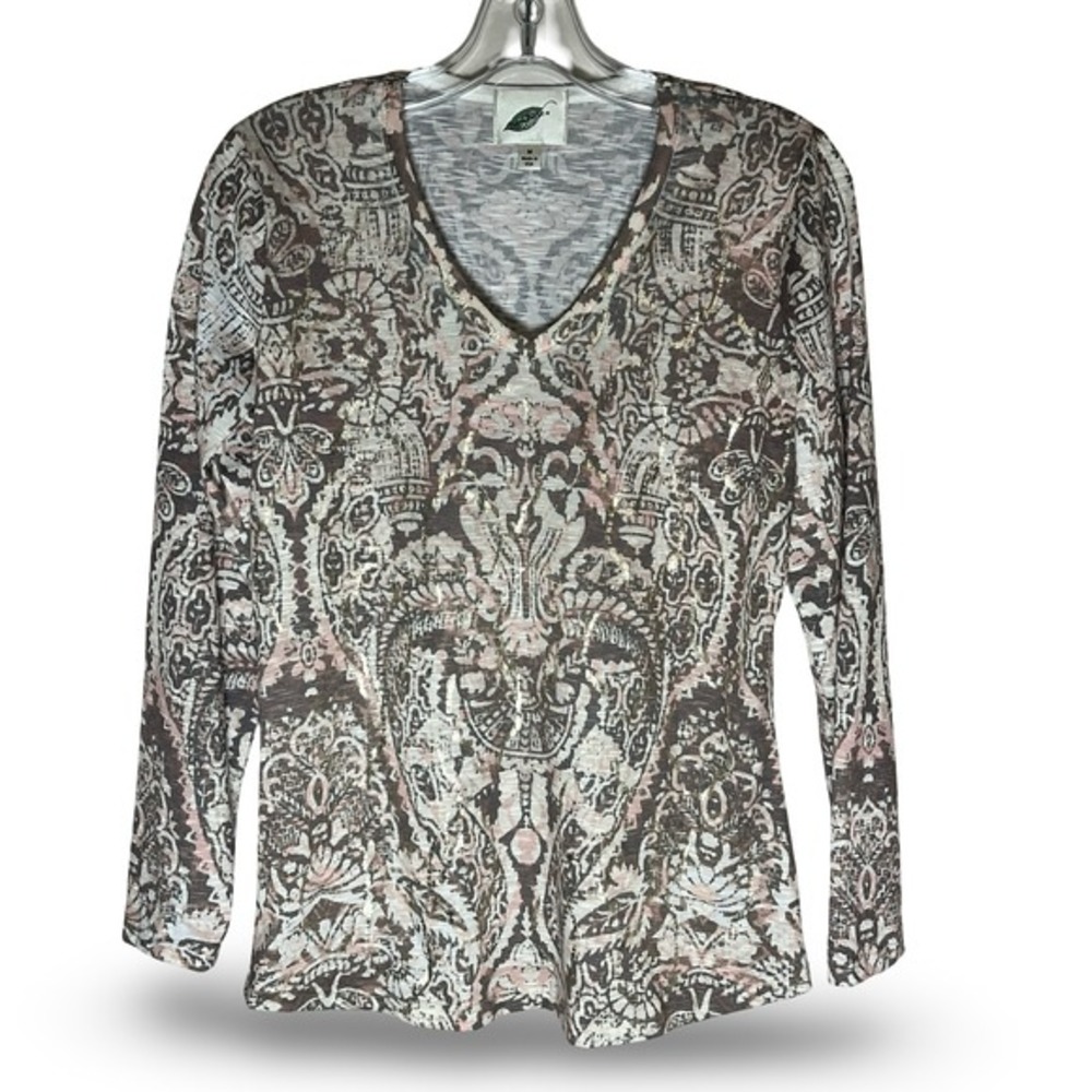 Nurture Made in USA Brown Pink Paisley Long Sleeve V Neck‎ Top Medium